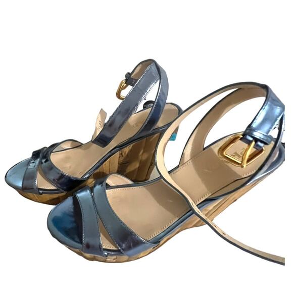 Prada Blue Metallic Leather Platform Wedge Sandal Size 7 or 37 EU - Picture 6 of 17
